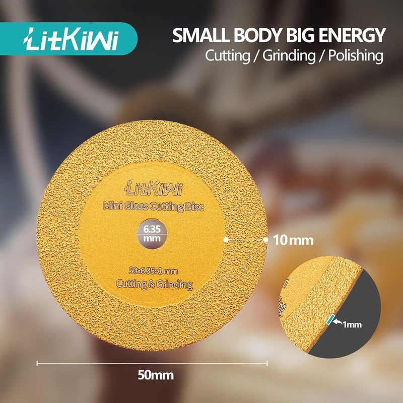 LitKiwi قرص قطع زجاج صغير، شفرة قطع ألماس رقيقة جداً بسمك 1 مم، مع 2 قطعة من عمود سداسي 1/4 بوصة، لقطع الزجاج، اليشم، الكريستال، السيراميك وغيرها. - Image 4